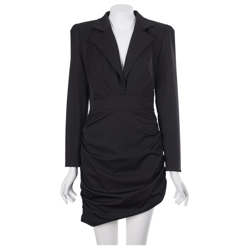 NBD Joni Suit Dress S Black Collar Long Sleeve Ruched Mini Lined Asymmetric Hem